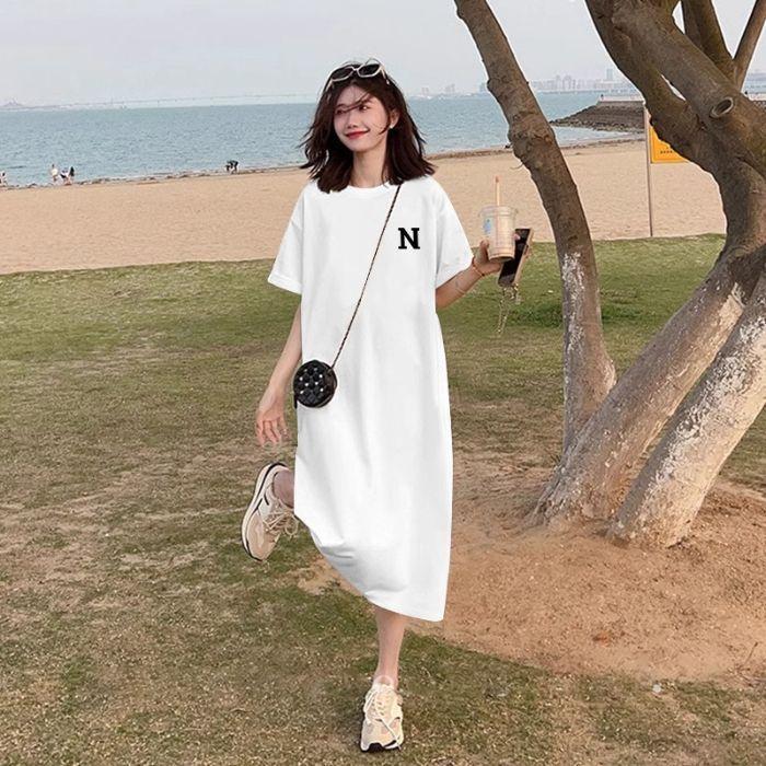 Short-sleeved T-shirt women's split-ended fat MM large size loose ins new summer hip-wrapped knee-thin dress top trendy