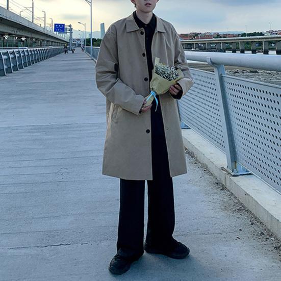 Мужская ветровка, пальто с лацканами, длинный рукав, двубортный тренчкот с карманами, однотонный, свободный крой, повседневная верхняя одежда средней длины