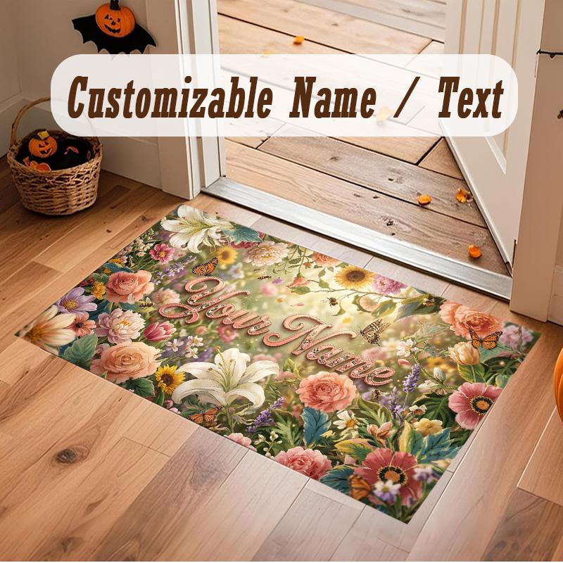 Floral Garden Theme Soft Crystal Velvet Rug Custom Name & Text Print Non Slip Floor Rug for Bedroom Living Room