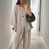 2026 Cross-border Women's Fashion Casual Suit V-Neck One Button Loose Long Sleeve Top High Waist Pants Two-piece Set