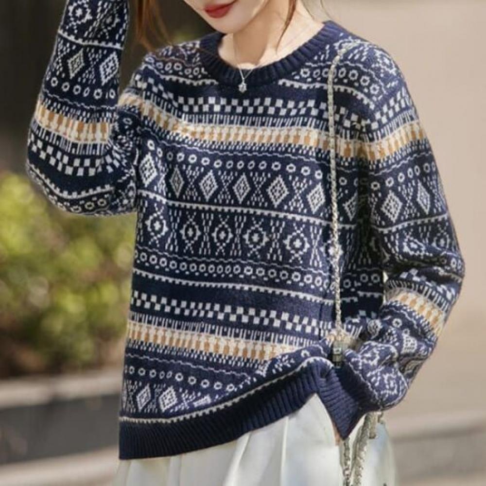 Navava Women Daily Nordic Pattern Round Neck Long Sleeve Knit Tee Nk3514