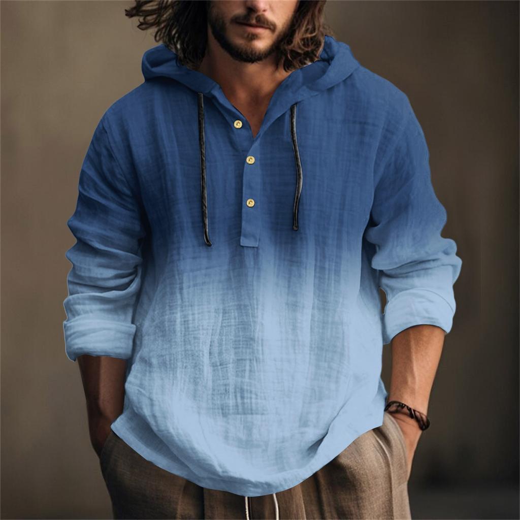 Printed Men's Cotton And Linen Shirt Hooded Long-sleeved Hooded Spring And Summer Casual Daily Wear