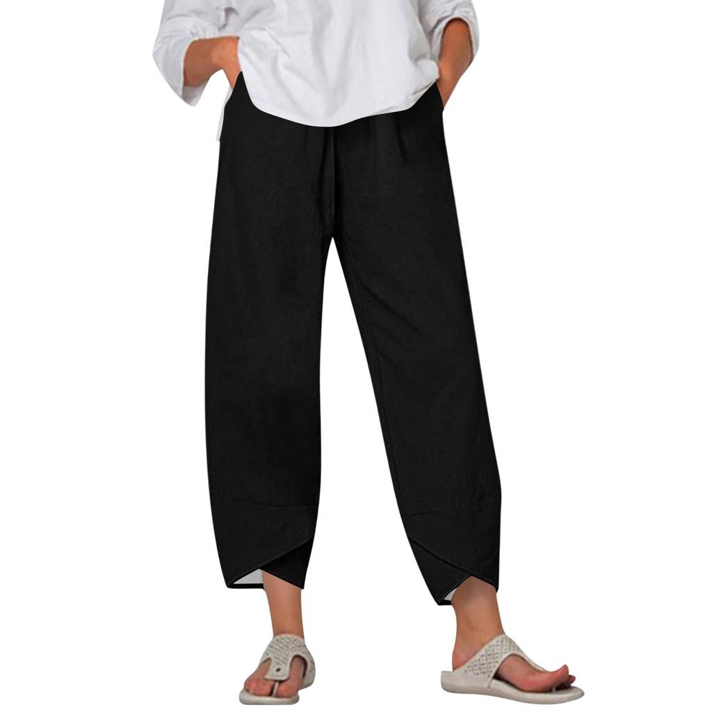 Брюки женские летние повседневные широкие брюки с эластичной резинкой на талии и карманами