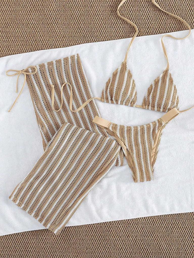 1011 European and American striped bikini set beach vacation with trousers split swimsuit three-piece set