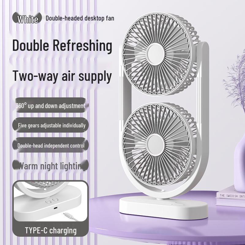 Dual-Head USB Rechargeable Night Light Fan for Air Circulation – Ideal for Outdoor, Dorm, or Office with Long Battery Life
