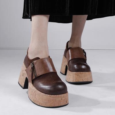Туфли-лодочки из натуральной кожи в стиле ретро на толстом каблуке с круглым носком, универсальные модные женские туфли на платформе