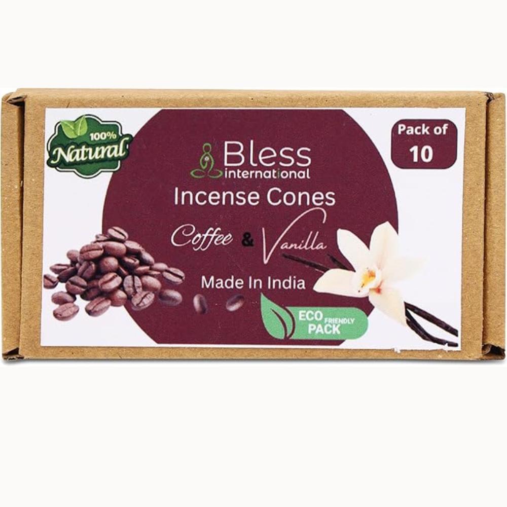 BLESS INTERNATIONAL Coffee and Vanilla 100%-Natural-Incense-Cones Handmade-Hand-Dipped Organic-Chemicals-Free for-Purification-Relaxation-Positivity