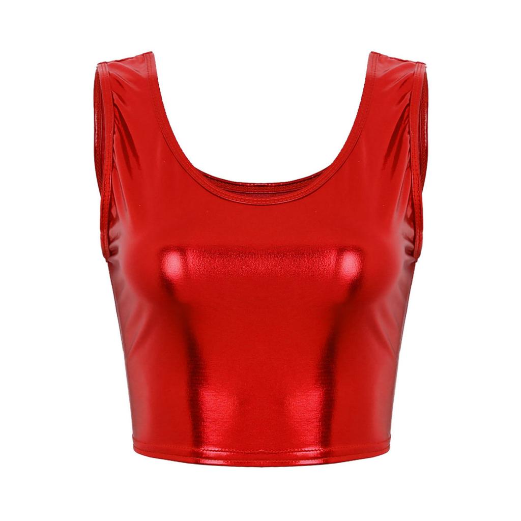 Women's Shiny Metallic Sleeveless Crop Top Rave Party Dance Tee Shirt Blouse Vest Clubwear