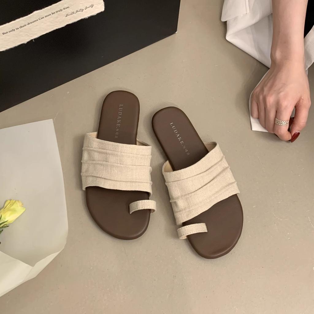 Design sense sleeve toe flat slippers women's outer wear summer new casual one-word drag temperament beach women's shoes