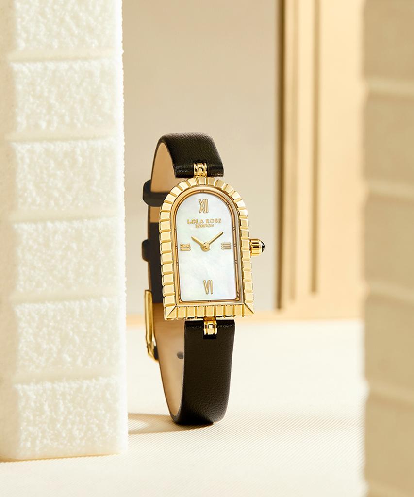 Lollalojeu Arch Mother-Of-Pearl Black Leather Strap Women'S Wristwatch