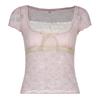 FASHION Женская летняя футболка, кружевная вставка, квадратный вырез, короткий рукав, укороченный топ, майка для девочек, S/M/L, розовый