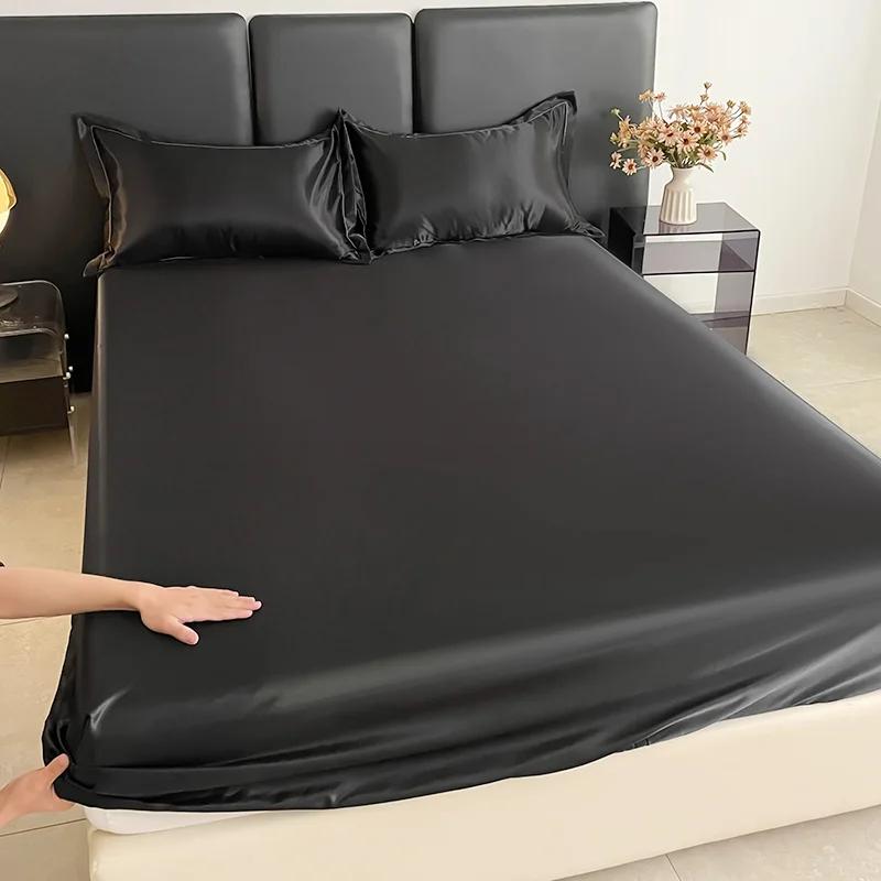 Solid Color Fitted Sheet Single Double Queen Size Mattress Cover Luxury Satin Rayon with Elastic Band Bedsheet 140/160/180/200cm