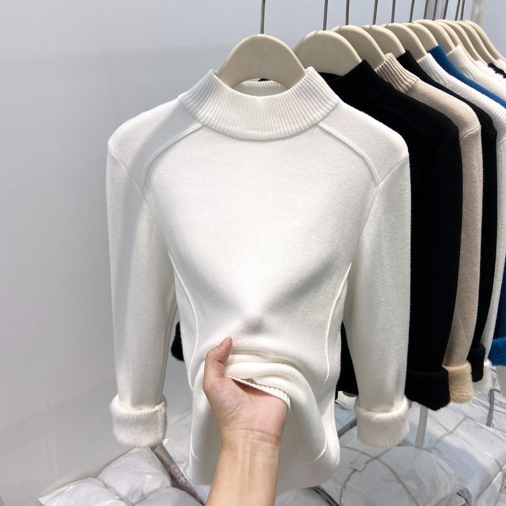 Fleece and Thickened Integrated Fleece Sweater Women's Soft Waxy Semi-turtleneck Bottoming Shirt Autumn and Winter Fish Bone Design Sense Inner Top