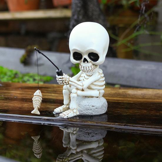 Shaking Head Fishing Skull Resin Mini Skeleton Fisher Sculpture Halloween