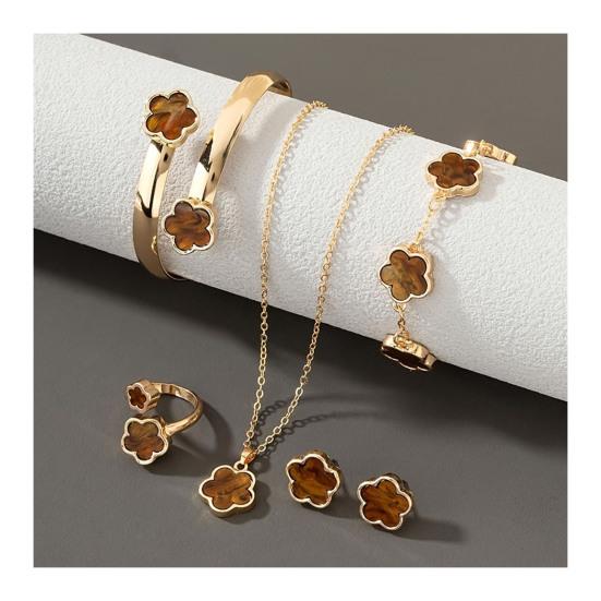 5 шт./компл. женский комплект ювелирных изделий Lucky Flower Decor сверкающие стразы ожерелье браслет серьги кольцо комплект модные ювелирные изделия