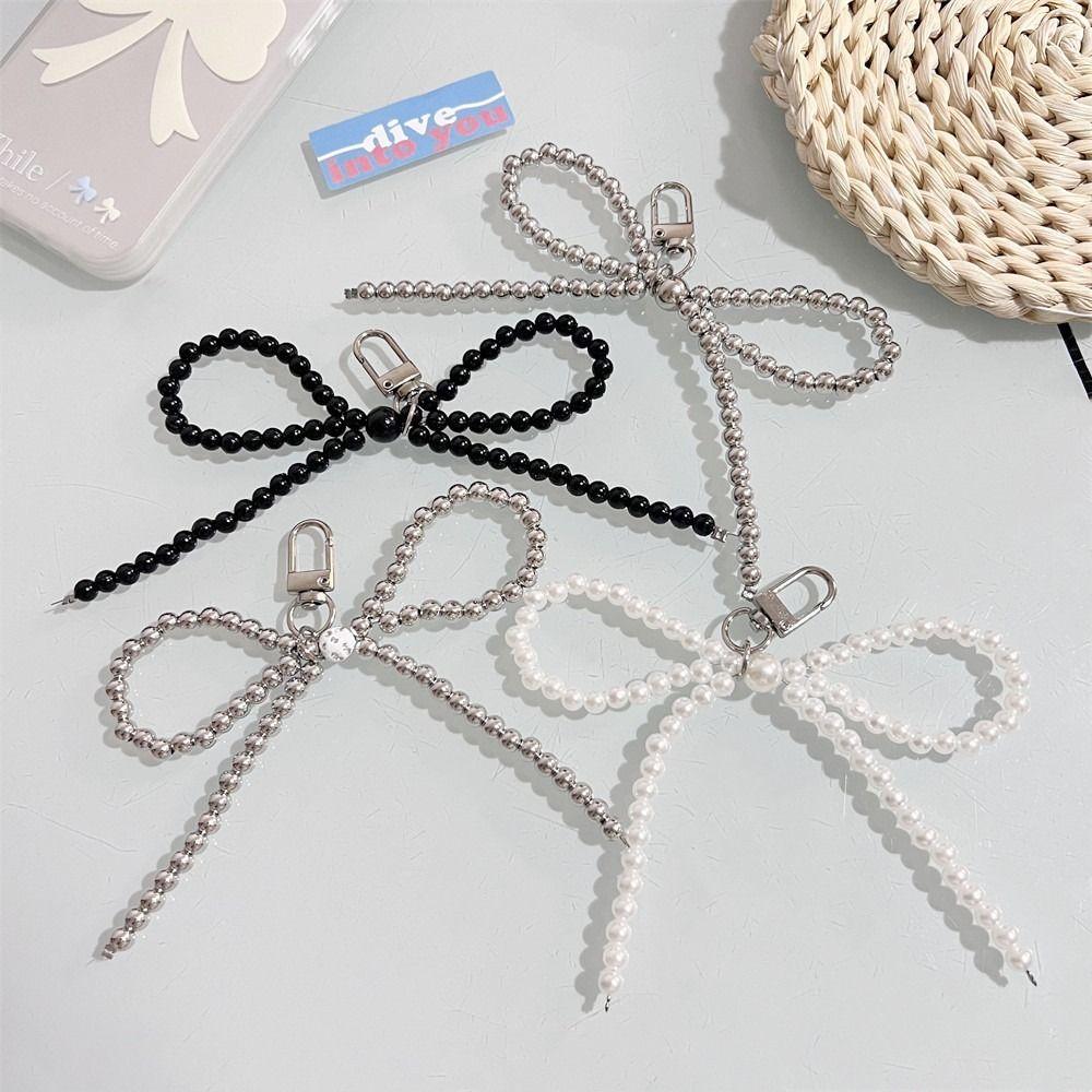3D Pearl Bow Pendant Hanging Ornament Cellphone Lanyard Keyring Pearl Bowknot Keychain Women Girls