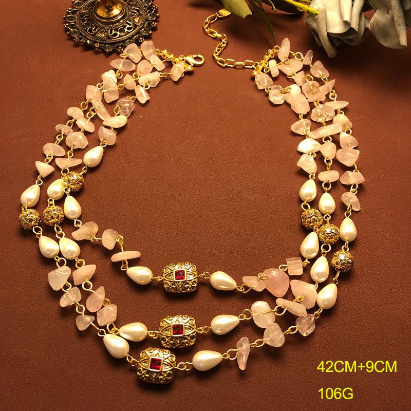 French Retro Style Rose Quartz Stone Pearl Necklace, High-end Design Jewelry, Multi-strand Sweater Chain, Elegant and Refined