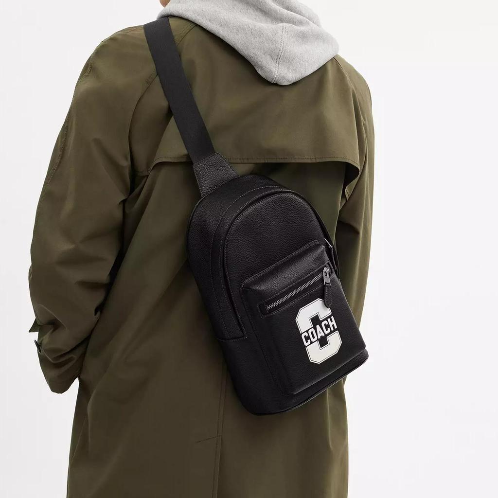 Coach West 19 Brand Logo College Pattern Small Calfskin Chest Bag Waist Bag Men Bags Black CAJ60-QBL77