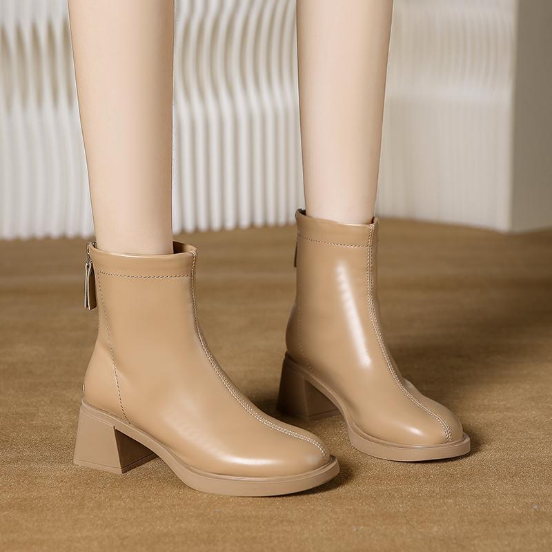 Fashion 2024 Spring and Autumn New Back Zipper Round Toe Nude Boots Women Mid-heel Leather Surface Rubber Low-cut Fashion Women's Boots