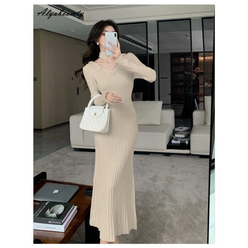 Платье-свитер миди во французском стиле осень-зима розовое черное красное фиолетовое бежевое цветочное трикотажное женственное платье элегантное милое женское трикотажное платье