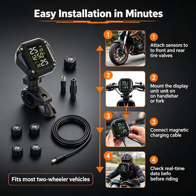 Wireless Motorcycle & E-Bike TPMS Tire Pressure Monitor System Real-Time Alarm for Scooter Electric Vehicle