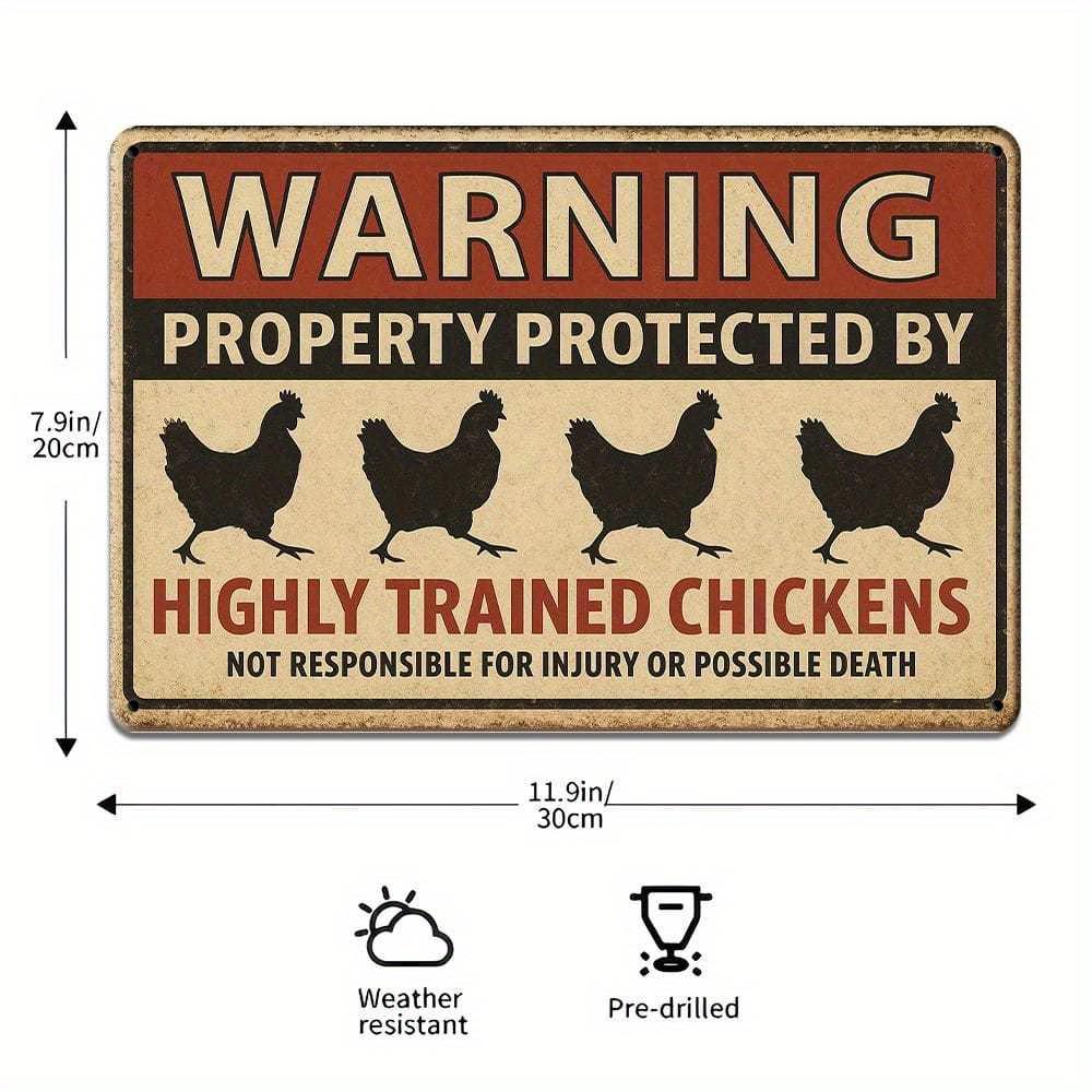"Highly Trained Chickens" Warning Metal Sign, 20x30cm.