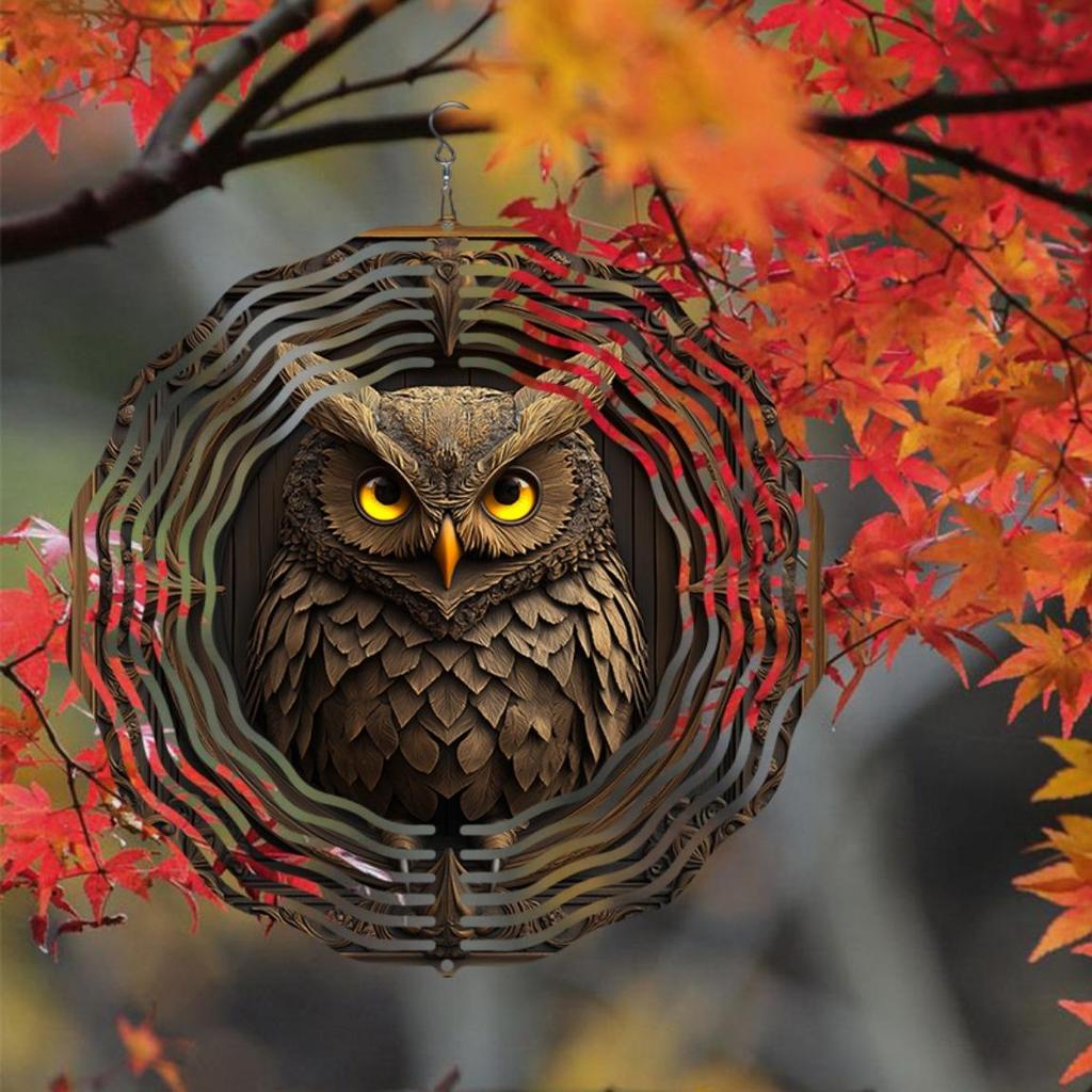 Laser Cut Metal Wind Spinner 3D Mandala Owl Design Outdoor Garden Decor Hanging Sculpture with Holographic Effect Creative Gift
