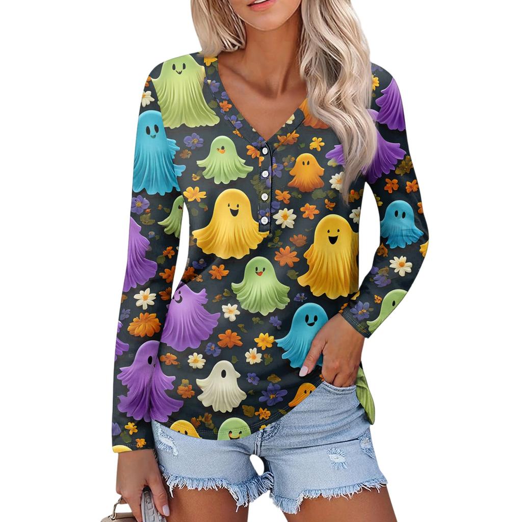Женская повседневная мода, сексуальный комфорт, Хэллоуин с принтом и v-образным вырезом, пуговицы, длинный рукав