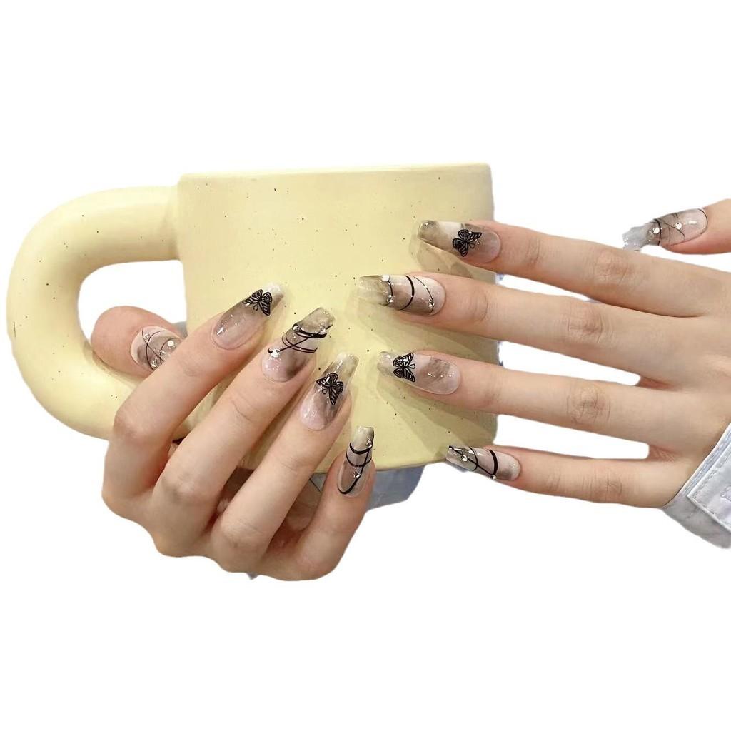 Искусственные ногти ручной работы Dream Black Butterfly Smudge Фототерапевтические ногти Накладные ногти Многоразовые и съемные ногти