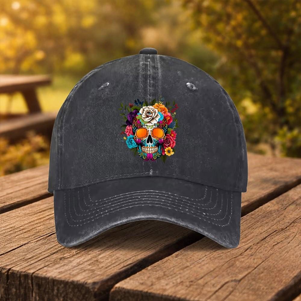 Floral Skull Day of The Dead Baseball Cap Washed Denim Adjustable Trucker Hat Casual