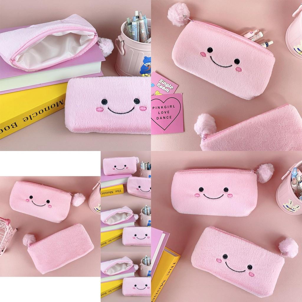 Pink Smiling Cute Pom Large Capacity Pencil Case Plush Storage Bag For Students