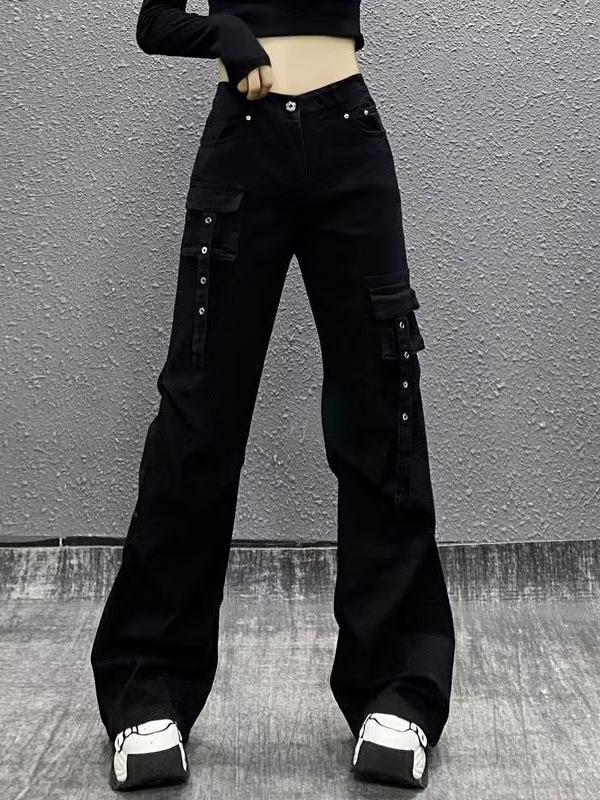 Женские джинсы карго с высокой талией - Осенние свободные, стройнящие, прямого кроя, универсальные брюки широкого кроя в пол