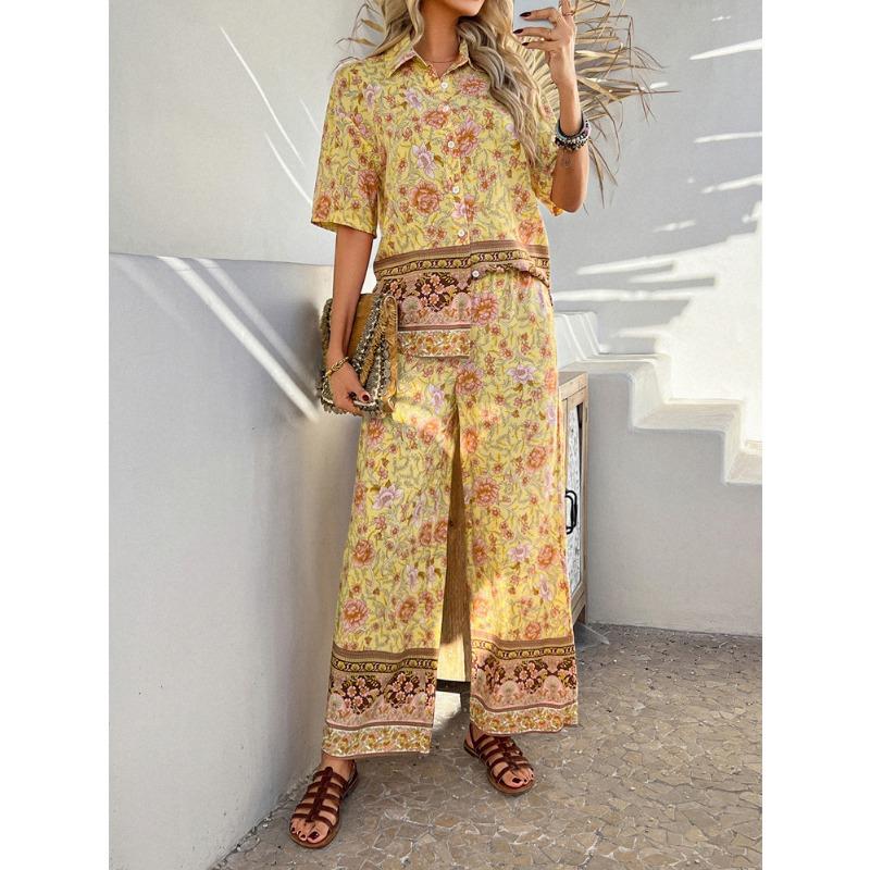 Women's Summer Print Contrasting Color Bohemian Vacation Short-sleeved Long Trousers Set