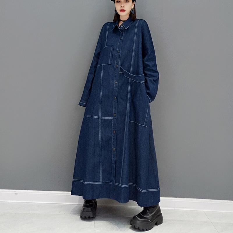 Woman Loose Fit Oversized Denim Windbreaker Long Denim Trench Coat