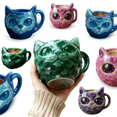 Кружка ручной работы с искусственным кристаллом в виде кошачьей мордочки, кружка-жеода с котенком из смолы и минералов для кофе и чая, уникальный художественный декор, подарок для семьи, друзей, любителя кошек