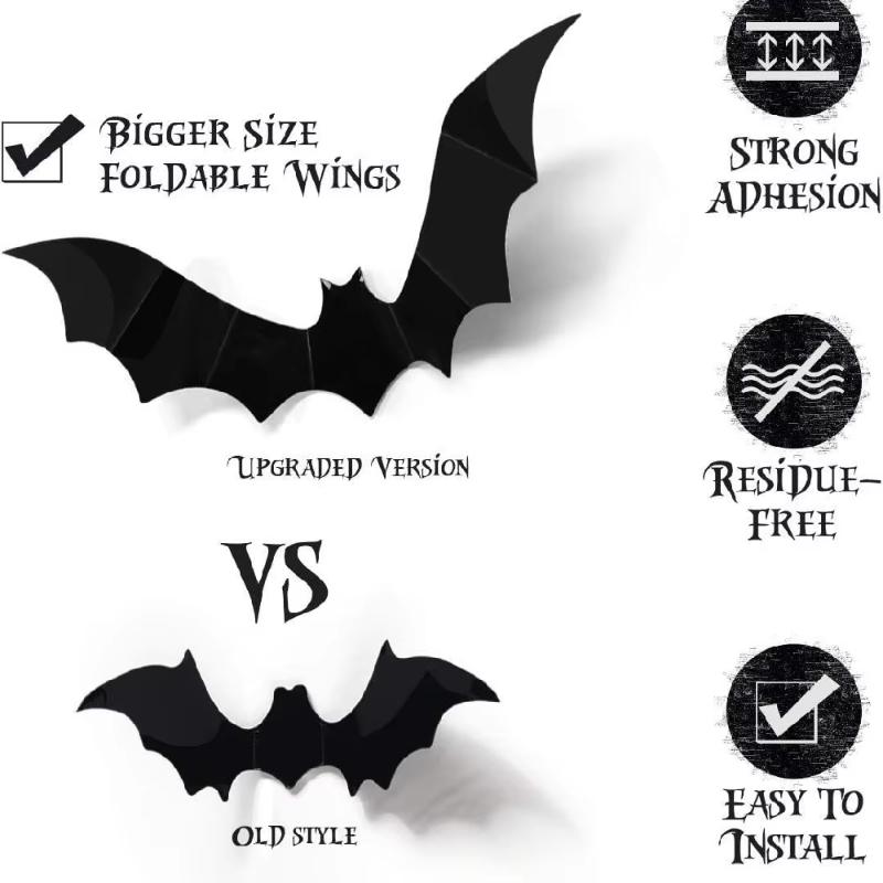 60Pcs 3D Black Bats & Spiders Wall Decor PVC Stickers Waterproof Halloween Party Decorations for Windows Bats & Spiders Themed