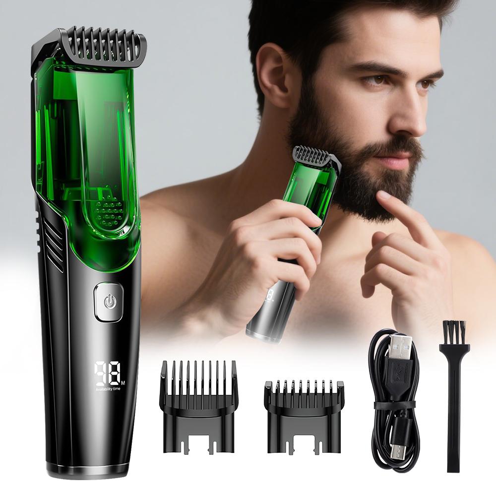 Cordless Men Beard Trimmer Electric Shaver IPX6 Waterproof Built-in Vacuum Clipper for Mustache Sideburns Grooming Kit