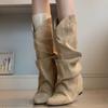 Мода 2025 года, высокие остроносые плиссированные ботфорты с присборенным голенищем, женские облегающие ретро-вестерн сапоги средней высоты
