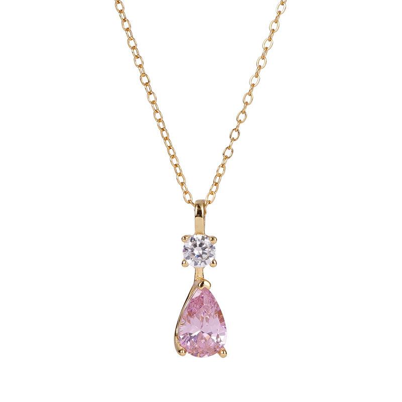 Minimalist Korean Sweet Pink Water Drop Necklace Minimally Exquisite Sparkling Clavicular Chain for Women