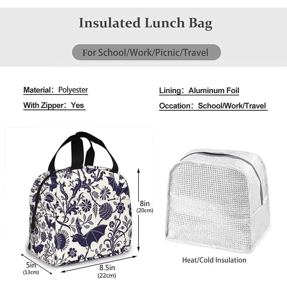 Halloween Bat Flower Lunch Bag Insulated Tote Cooler for Women Lunch Box Bags Reusable Cute Halloween Bat Flower with Container