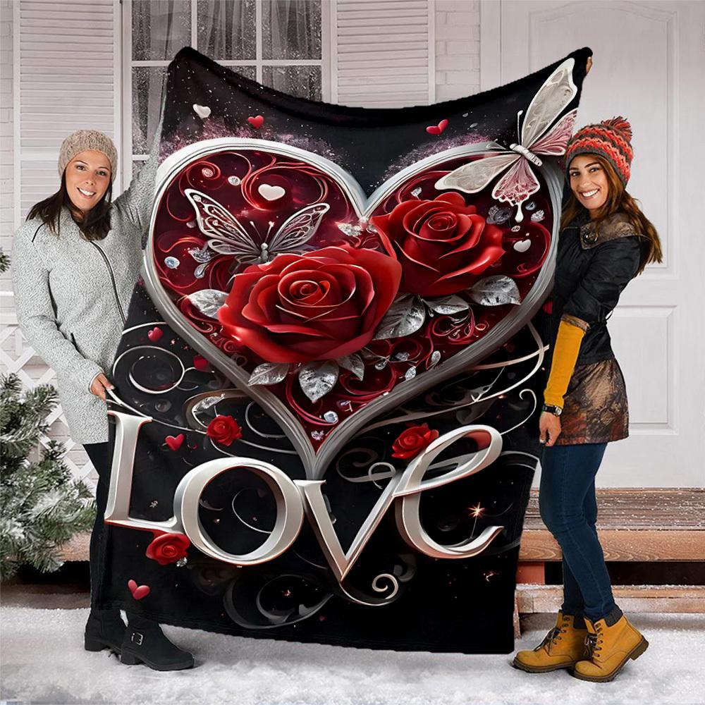 1pc Heart Roses Butterfly Love Outdoor Blanket - Lightweight Flannel Throw For Travel, Camping, Livingroom, Couch, Chair yy251114235