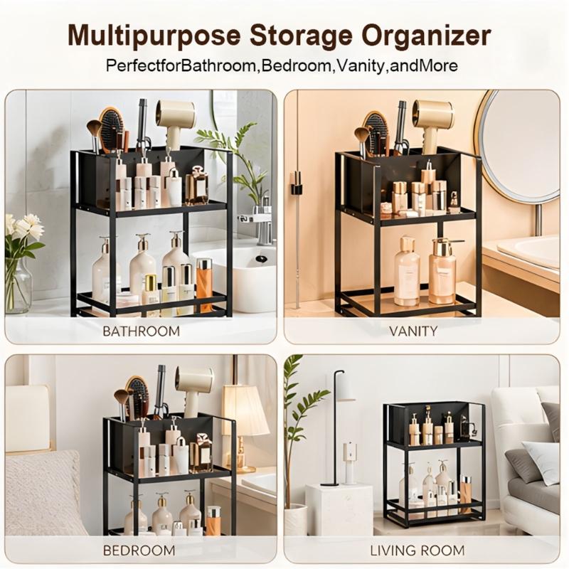 Bathroom Counter Storage Shelf, 2 Level Iron and Plastic Rack with Split Top Holder and Open Lower Tray for Bottles