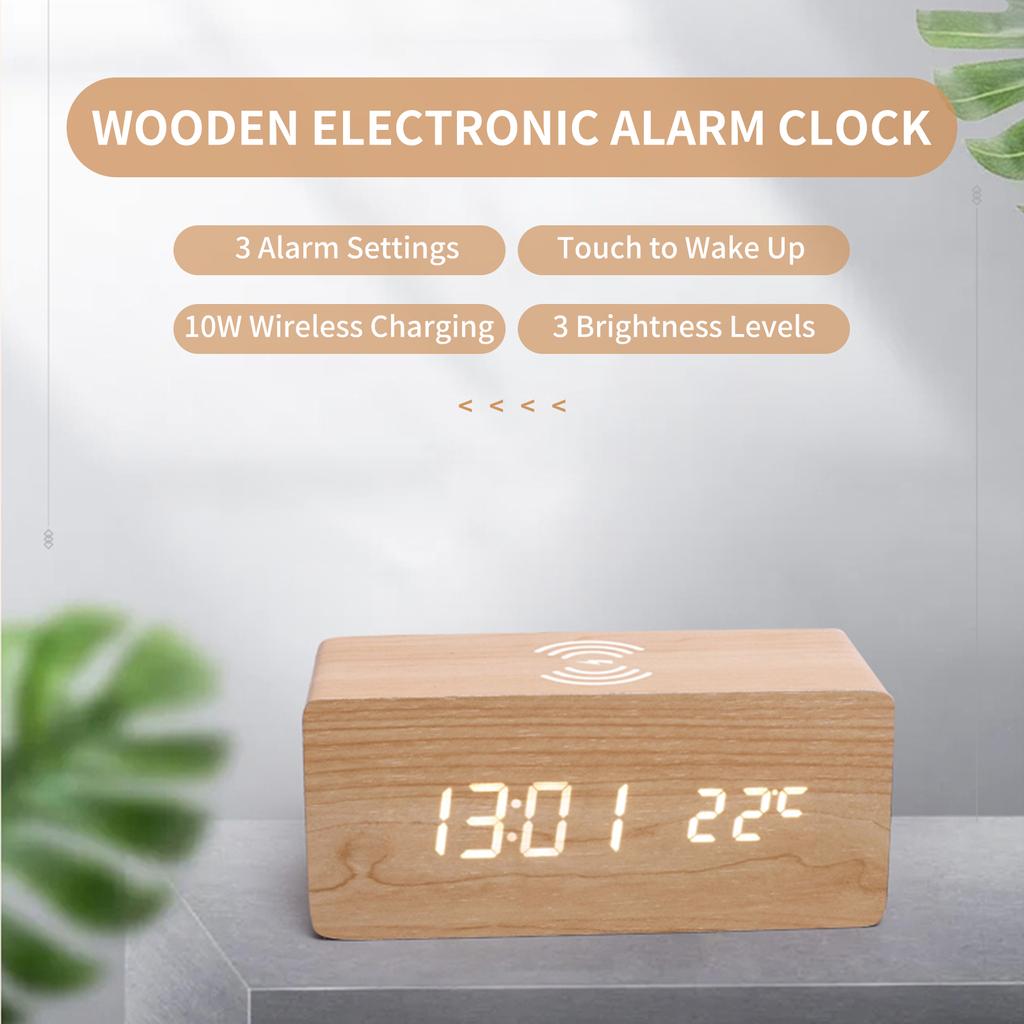 Цифровой деревянный будильник, электронный светодиодный дисплей времени для спальни, 10 Вт, беспроводная зарядка, 3 будильника