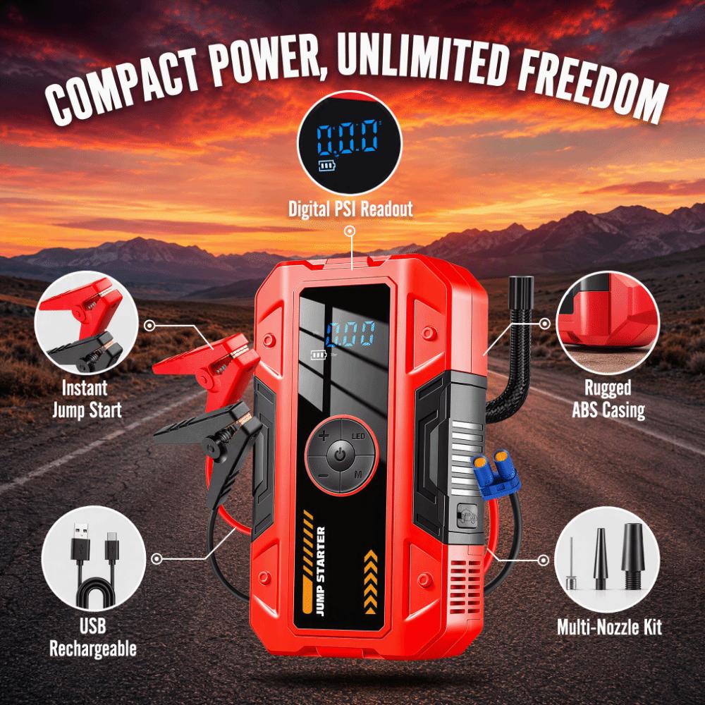 Rechargeable Jump Starter Weatherproof Portable Power Bank Booster Tire Inflator Road Travel