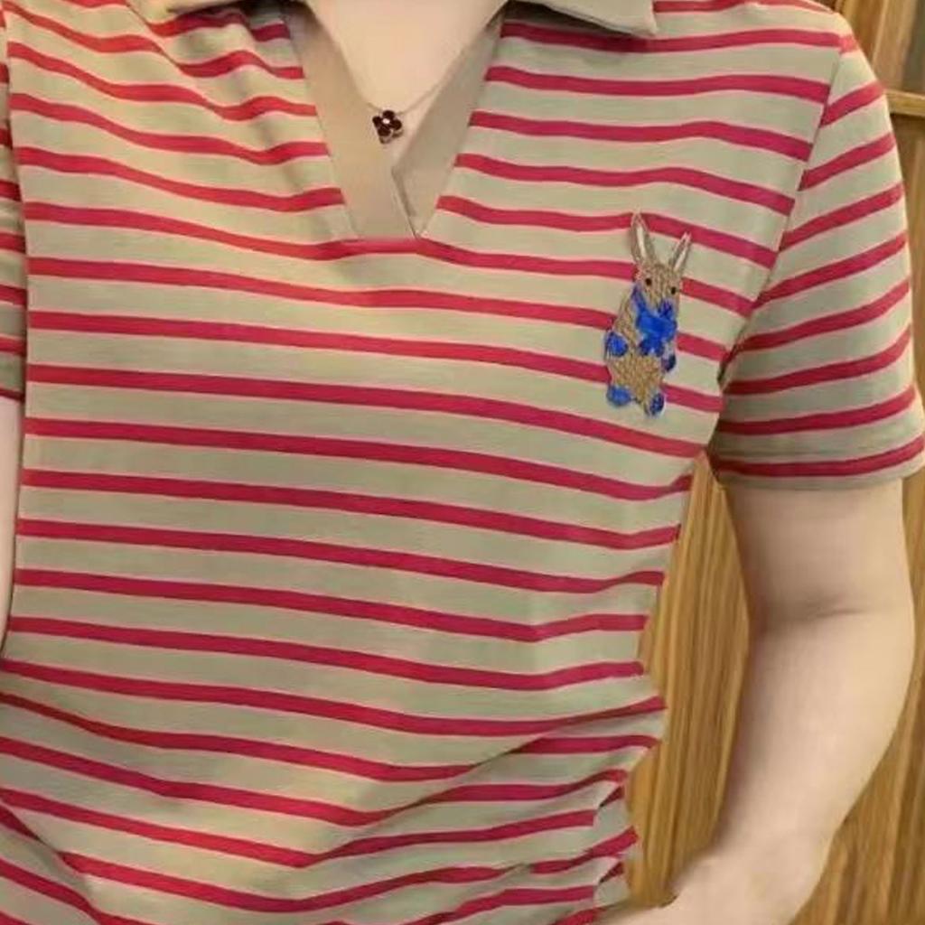 Summer Short Sleeve Women's V-neck T-shirt New Style Embroidery Elegant Fashion Casual Pullover Striped Cartoon Clothes Tops