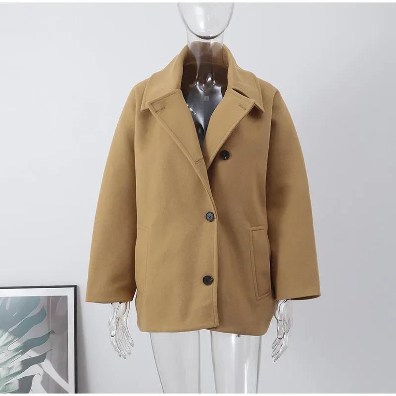 Однобортные пальто с лацканами женские свободные шерстяные с длинным рукавом карманы короткая куртка женская осень зима элегантные повседневные топы верхняя одежда