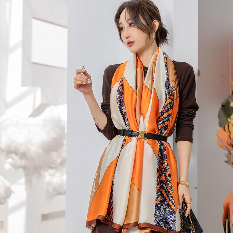Ранняя весна, новый простой красочный геометрический длинный шелковый шарф с цветными блоками, корейская версия дамского темпераментного длинного платка для путешествий