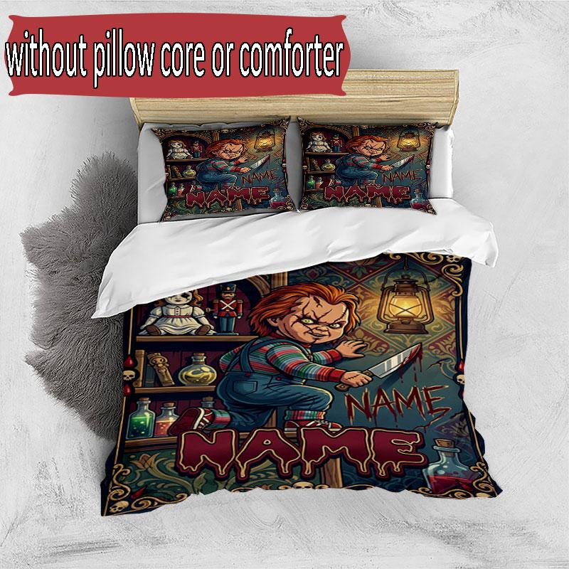 3pcs Duvet Cover Set (1*Duvet Cover + 2*Pillowcase, Without Core), Custom Name Horror Theme Chucky Pattern Bedding Set, Home Bedroom Decor Gift