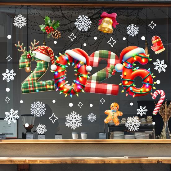Christmas Glass Stickers Crutch Snowman Tree Candy Hat Bell Design Waterproof PVC Window Door Mirror Decals