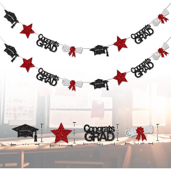 Black and Red Congrats Grad Banner Graduation Decorations Class of 2026 Glitter Star Grad Cap Certificate Bunting Garland for Graduation Party